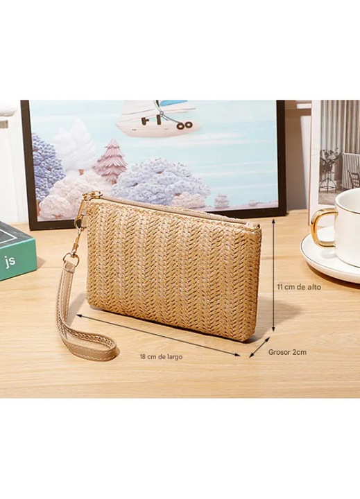 Geanta plic/clutch, impletitura din PE, cu curelusa pentru incheietura, capacitate mare, bej, 18 x 11 x 2 cm