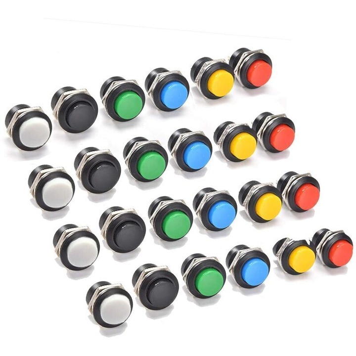 24 darabos készlet, pillanatnyi mini kerek nyomógombos kapcsolók, automatikus visszaállítás, 16 mm, 6A/125V, csavaros terminál, 2 érintkezős, többszínű