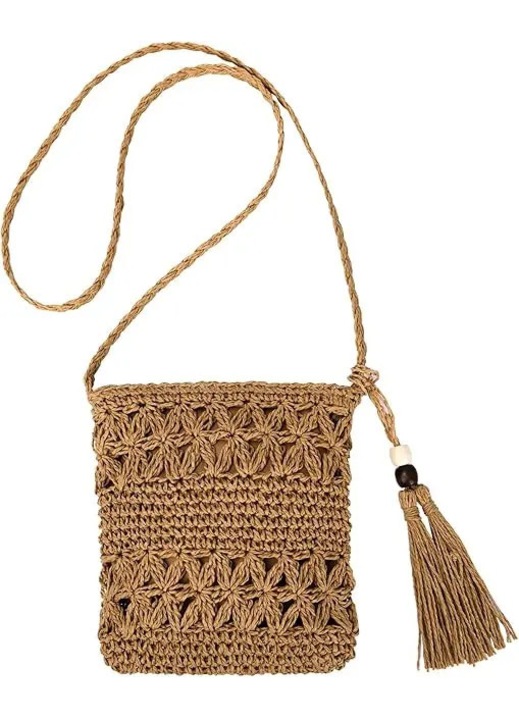 Geanta de plaja/umar din paie naturala impletita manual, cu fermoar, ciucure decorativ, stil boem, kaki, 24x20 cm, bretea 60 cm