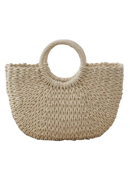Geanta de plaja din paie, impletita, cu maner rotund si snur interior, natural, mare (40 x 10 x 25 cm)