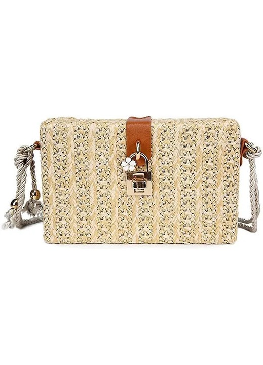 Rattan és szalma válltáska / crossbody táska, kézzel fonott, fedéllel és csatos zárral, állítható, levehető pánttal, bézs