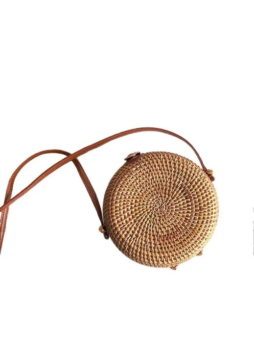 Кръгла чанта/дамска чанта от естествен ратан, ръчно плетена, crossbody с кафява каишка, бежова, 18x7 см