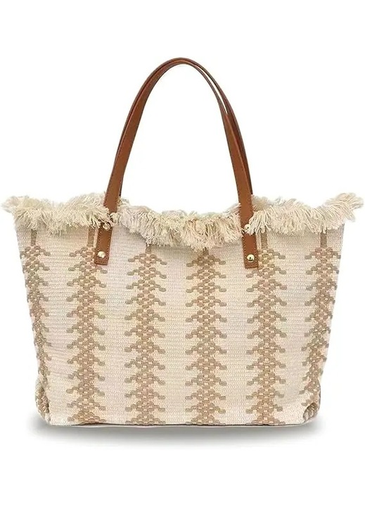 Geanta de plaja din paie impletite, lucrata manual, capacitate mare, cu franjuri in stil boho, Bej, Marime unica