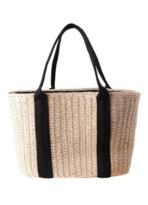 Geanta de plaja din paie, handmade, capacitate mare, bej, 40x30x24cm
