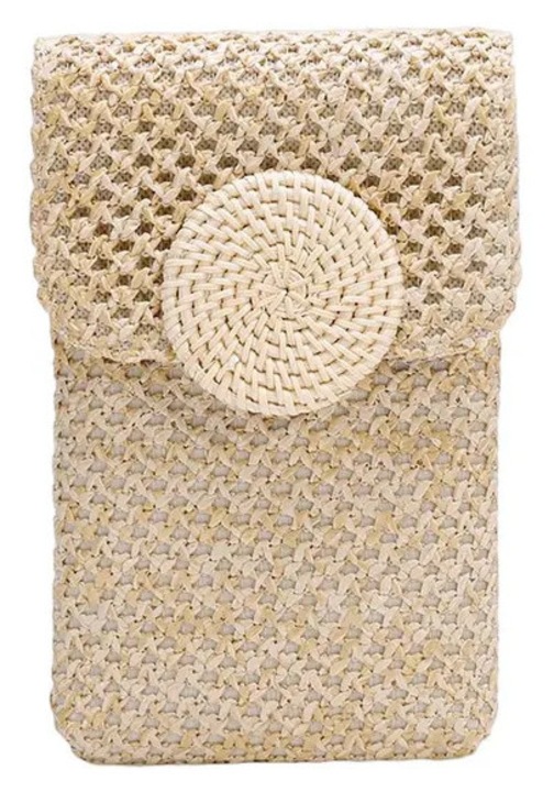 Telefon táska, kézműves fonott szalma crossbody táska PU bőr részletekkel és állítható pánttal, nagy kapacitású, mágneses záródás, natúr, 19x11 cm