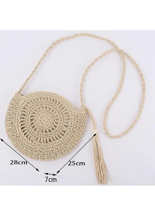 Kerek, kézműves rafia crossbody táska, bojt és fonott zsinórral, Bézs, 28x25x7 cm