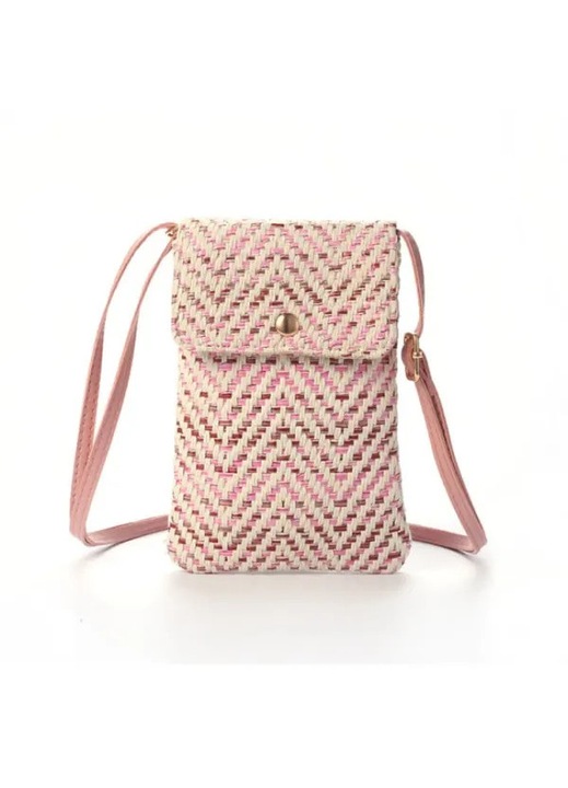 Fonott szalma crossbody táska, telefonhoz, fedéllel és állítható pánttal, Rózsaszín, Egy méret