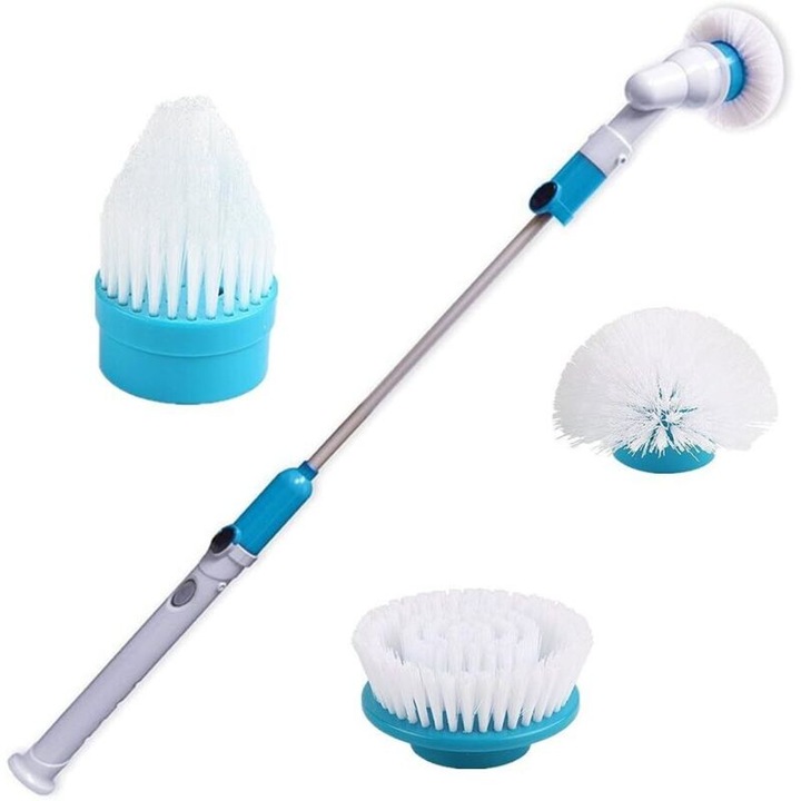 Perie electrica multifunctionala de curatare, reincarcabila, cu maner extensibil 107 cm si 3 capete interschimbabile, albastru, 1 buc
