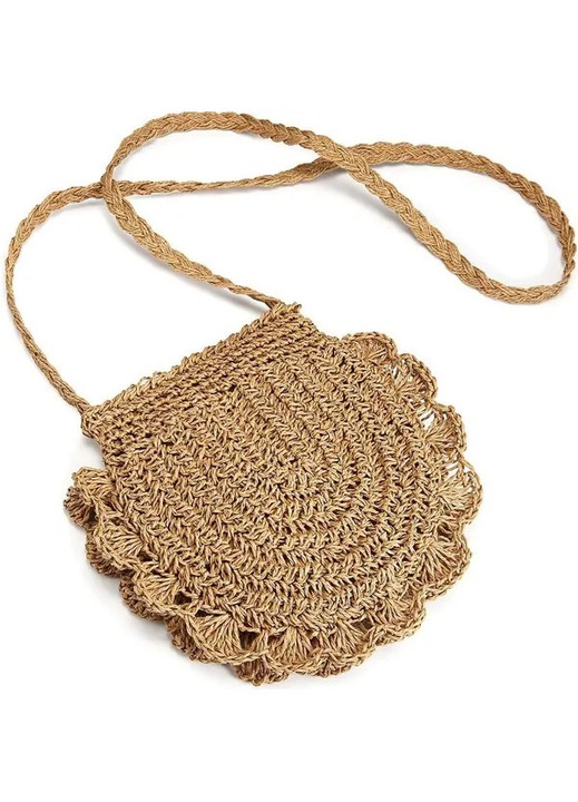 Kézzel fonott rattan és szalma crossbody táska/kézitáska, cipzárral, retro gomba mintával, bézs, 20.5x15 cm