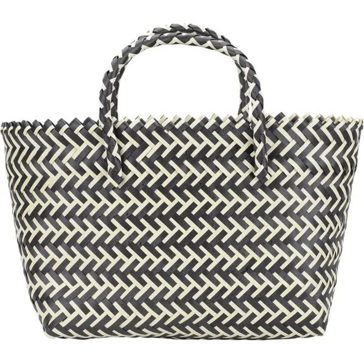 Fonott műanyag kosár, francia rattan stílusú, hengeres fogantyúkkal, fekete/bézs, 41x21x14 cm