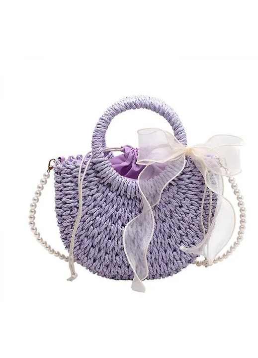 Kézzel fonott szalma táska/kézitáska, húzózsinórral és belső zsebbel, boho kivágott design, lila, 27x8x11 cm