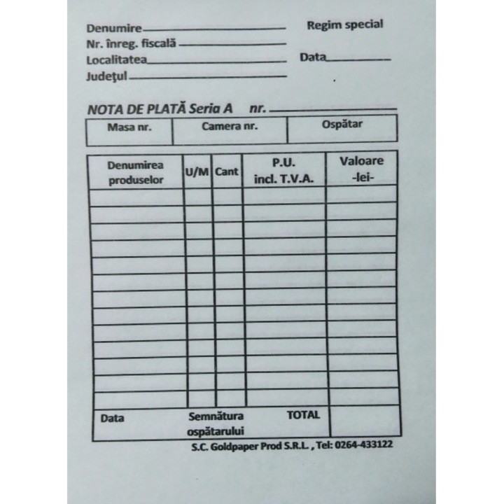 Nota de plată autocopiativă 2 exemplare, NB_HRT, format A6, alb-verde, 100 file