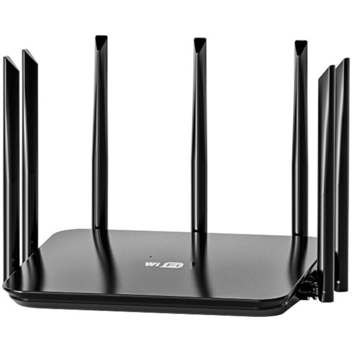 Router WiFi 6 AX1500, kétsávos router 1501 Mbps (2.4 GHz 300 Mbps/5 GHz 1201 Mbps), 7 külső 6dBi antenna beamforminggal, intelligens 2.4/5 GHz sávváltás, fekete, 1 db.