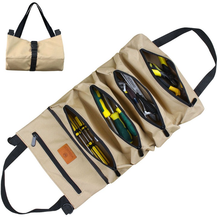 Szerszámtáska/szerszámkészlet Oxford anyagból, 5 rekeszes, elektromos munkákhoz és autószereléshez, khaki, 47x28.5 cm
