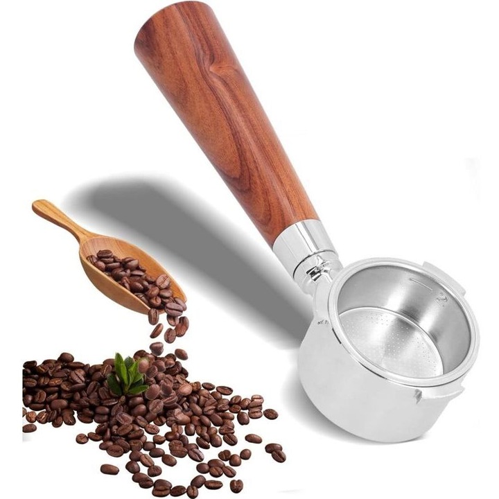 Portafiltru bottomless (suport filtru fara fund) 51mm, otel inoxidabil alimentar, maner ergonomic din lemn de tei, compatibil cu DeLonghi, 1 buc