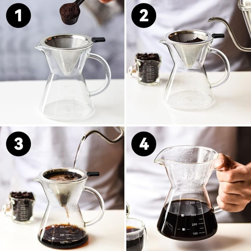 Filtru de cafea manual pour-over k0312-0811-CD24329, carafa din sticla borosilicata cu maner, filtru permanent din otel inoxidabil, transparent, 400 ml