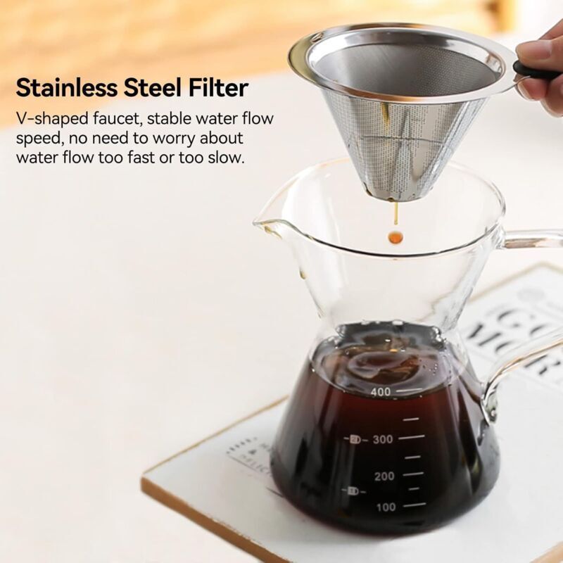 Filtru de cafea manual pour-over k0312-0811-CD24329, carafa din sticla borosilicata cu maner, filtru permanent din otel inoxidabil, transparent, 400 ml