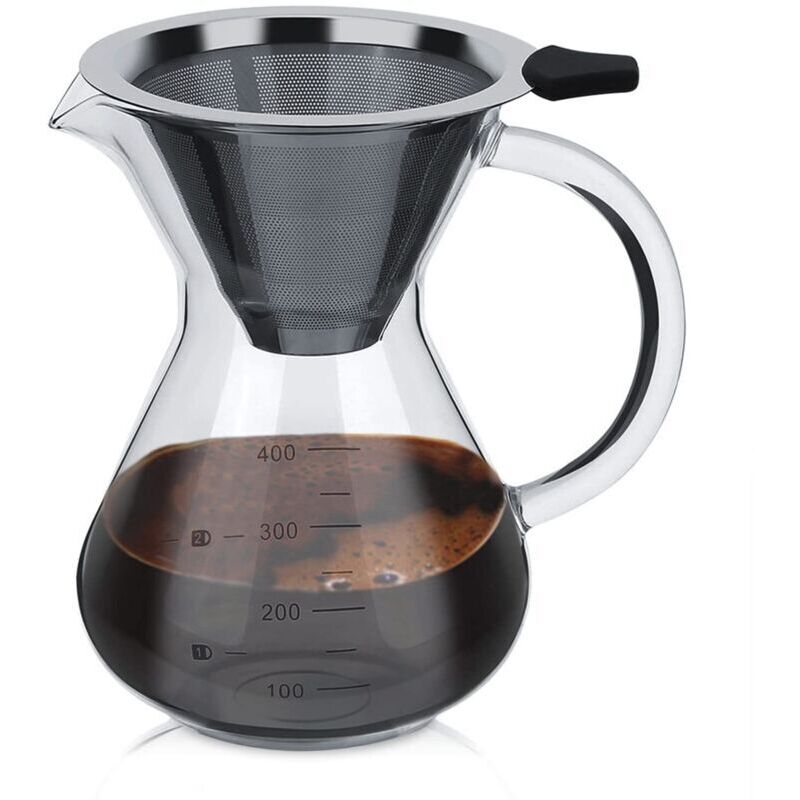 Filtru de cafea manual pour-over k0312-0811-CD24329, carafa din sticla borosilicata cu maner, filtru permanent din otel inoxidabil, transparent, 400 ml