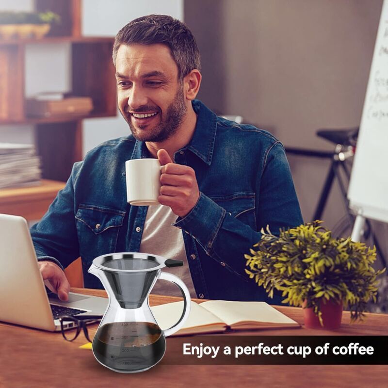 Filtru de cafea manual pour-over k0312-0811-CD24329, carafa din sticla borosilicata cu maner, filtru permanent din otel inoxidabil, transparent, 400 ml
