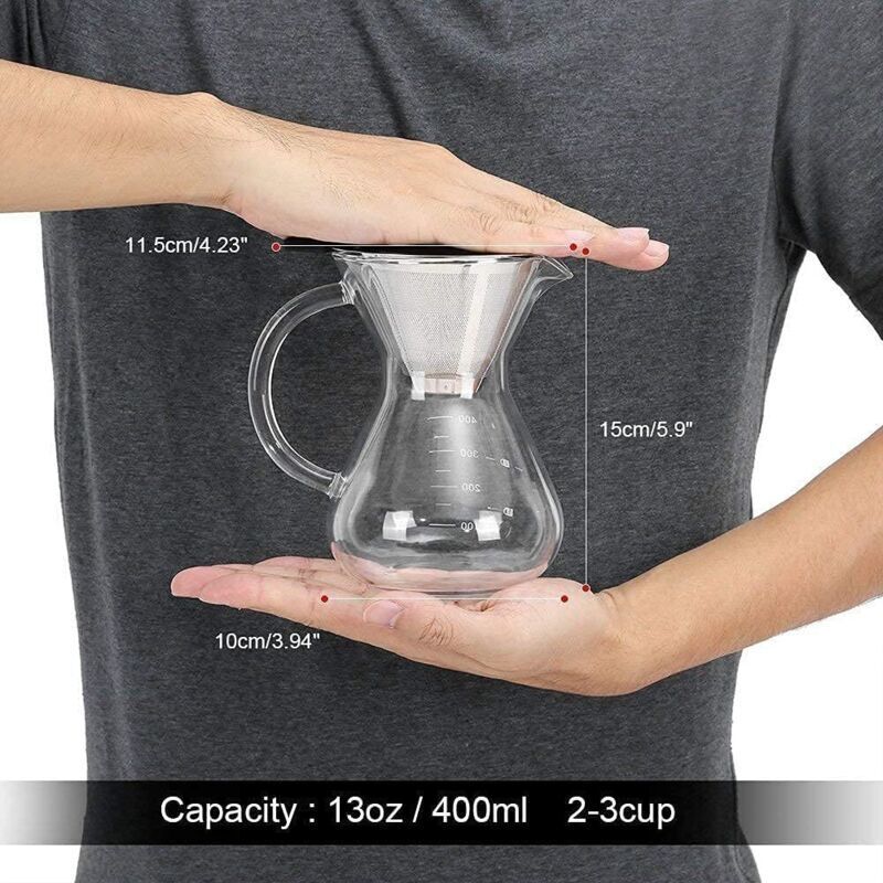 Filtru de cafea manual pour-over k0312-0811-CD24329, carafa din sticla borosilicata cu maner, filtru permanent din otel inoxidabil, transparent, 400 ml