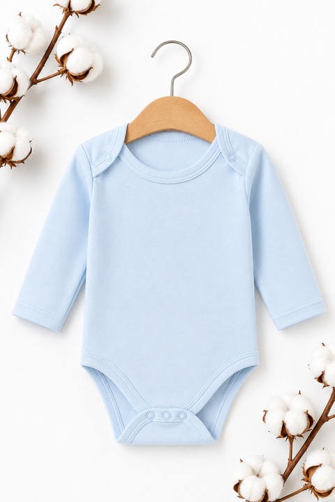 Body bebelusi bleu din bumbac cu maneca lunga, body baiat cu capse
