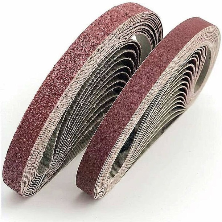 Set 20 bucati, Benzi abrazive 13 x 457 mm, granulatie mixta 40/60/80/120 (5x fiecare), oxid de aluminiu, compatibile cu polizoare de banda, Maro