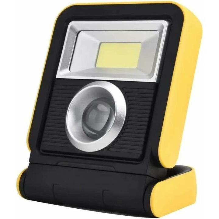 Összecsukható COB LED munkalámpa, USB/napelemes újratölthető zseblámpa, 10W, 2200mAh akkumulátor, IP65, sárga, 1 db