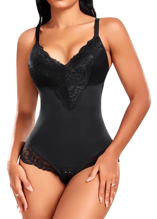 Body modelator dama PASUDA cu dantela si control abdomen, negru, Negru