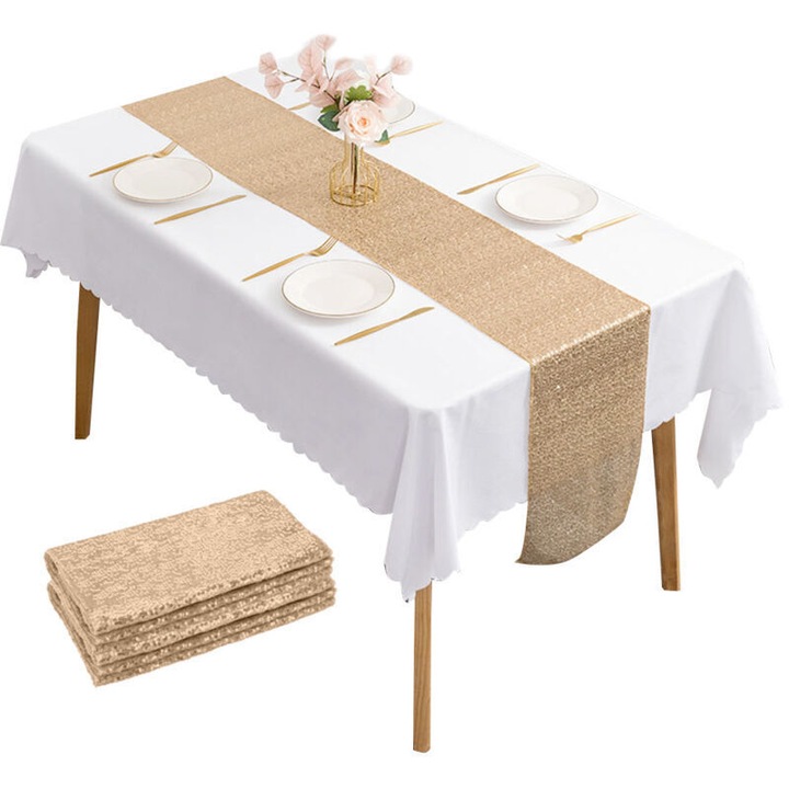 2 darabos szett, PET anyagból készült asztali futó flitterekkel, újrafelhasználható, arany, 2 x 30x275 cm