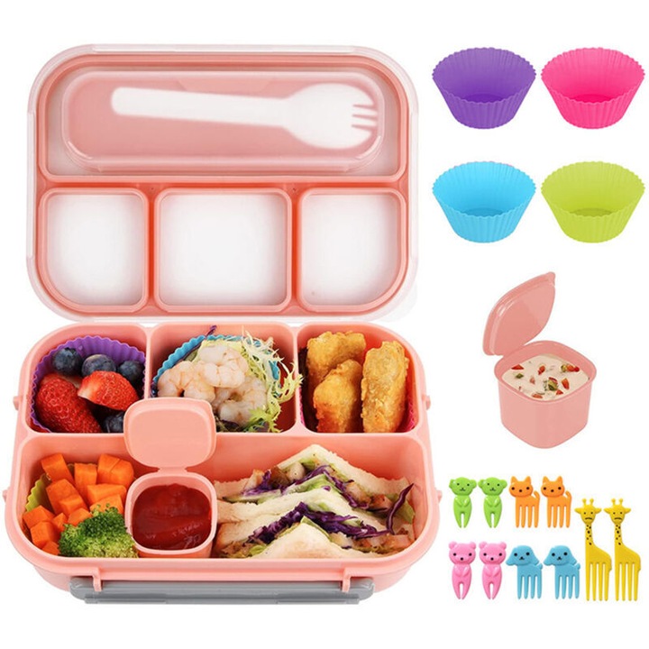 Bento uzsonnás doboz 4 rekesszel, légmentesen záródó fedéllel, evőeszközökkel, 1000ml, többszínű
