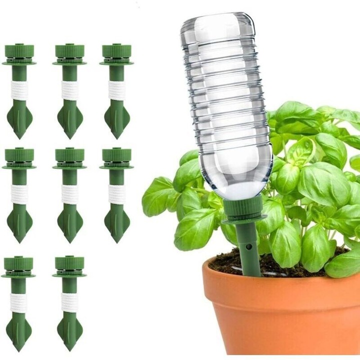 Sistem de irigare automata pentru plante, dispozitiv de udare pentru ghivece, din plastic PP, udare prin picurare reglabila 1-15 zile, compatibil cu majoritatea sticlelor 30 mm, verde, 8 bucati
