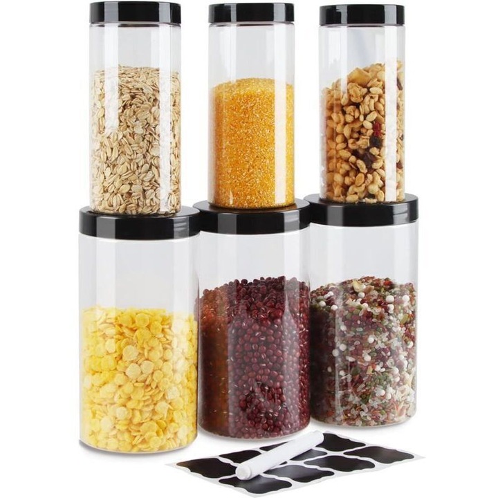 6 db élelmiszer tároló edény készlet, átlátszó műanyag, fekete, 1000ml és 500ml, címkék, 91x179mm és 69x156mm