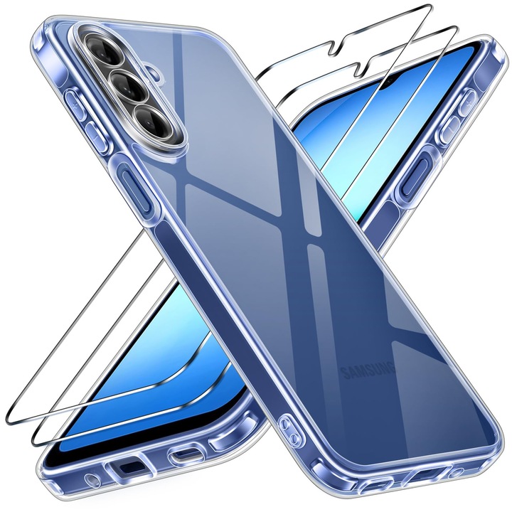 Pachet Husa Telefon Care nu Ingalbeneste + 2 Folii Sticla Compatibila Cu Samsung Galaxy A17 5G, MOGU Set Protectie 360, Carcasa Subtire de TPU Flexibil, Rezistent la Socuri, Include 2 folii de Protectie din Sticla Securizata, Transparenta