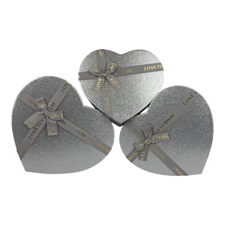 Set 3 Piese Cutii Flori Inima 'Lovely' Argintiu din Hartie pentru Cadouri Universale