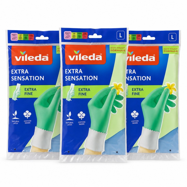 Set 3 x Vileda Extra Sensation, manusi menaj extra fine, marimea L, latex natural, interior cu bumbac, total 3 perechi