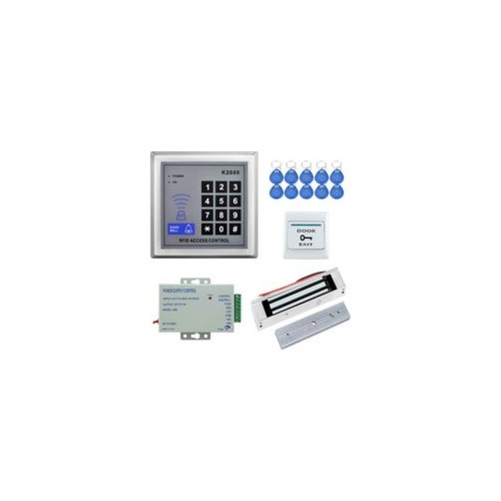 Kit sistem control acces RFID complet K2000, incuietoare electromagnetica 180kg, sursa alimentare 110-240V AC/12V DC 3A 36W, suport 500 utilizatori card/parola, albastru, pentru o usa