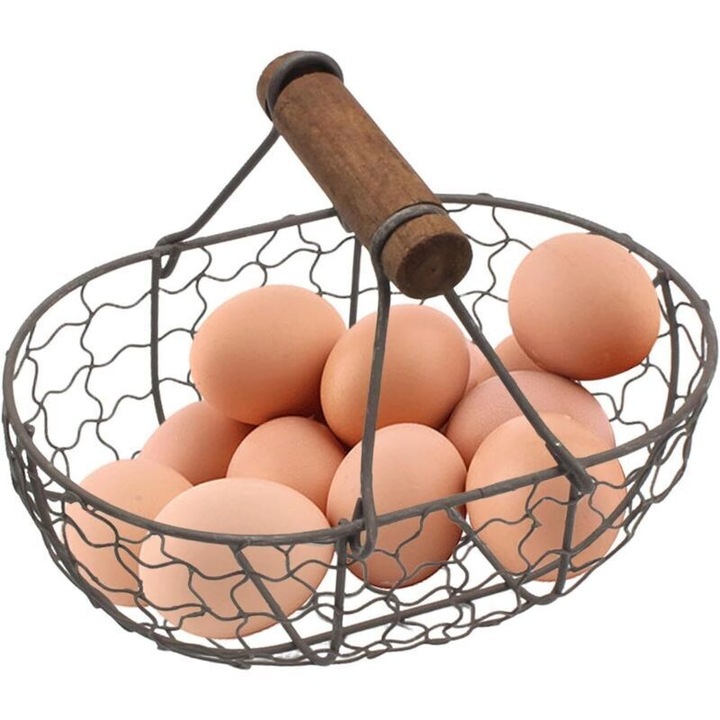 Cos oua rustic, metal si lemn, 18x12cm, manere ergonomice