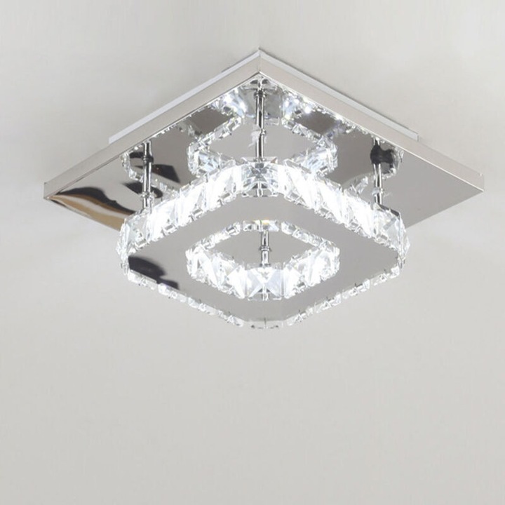 Модерна интериорна плафониера метал стъкло кристал K9 студено бяло 20x20x8см 12W LED