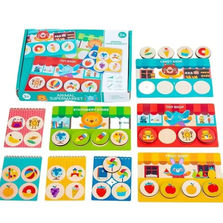 Joc educativ din lemn pentru copii: magazinul animalelor, sortare si asociere, cu piese colorate, SALLMA®