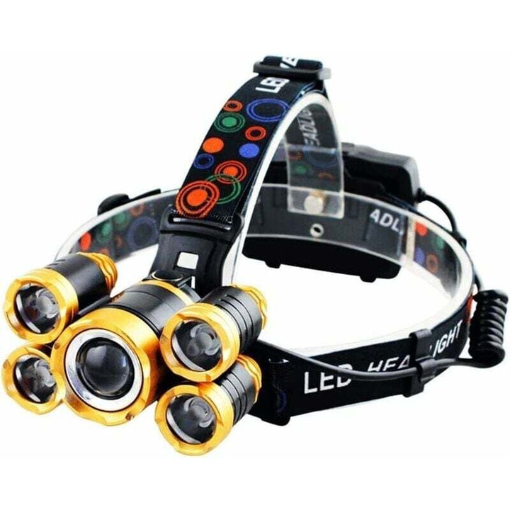 LED fejlámpa 5T6, USB újratölthető, 8.000-10.000 lumen, zoomolható, IPX6 vízálló, eloxált alumínium ház, 5 világítási mód, fekete/arany, 1 db, 2 x 18650 és USB kábel mellékelve