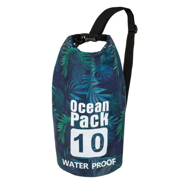 Fekete-kék Összecsukható Vízálló Táska Trópusi Levélmintával Ocean Pack Ø20x47cm - 10L