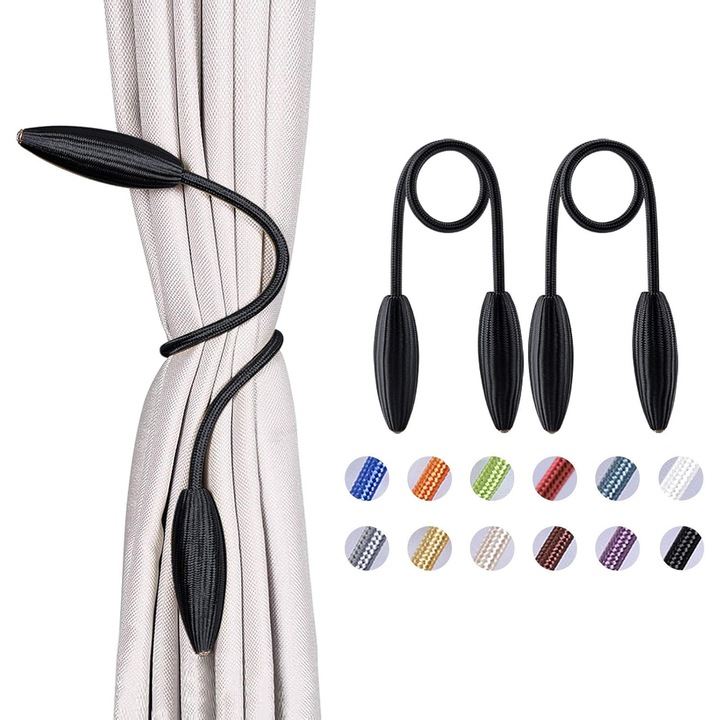 Set 2 bucati, suport prindere perdea, cleme pentru draperii, fara gaurire, din poliester cu banda metalica cu memorie, cu cristale decorative, negru