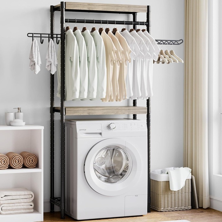 Raft Organizator Masina De Spalat, 2 Polite Cu Bara Si Carlige, Economisire Spatiu, Structura Metal Si Lemn, Negru/Gri