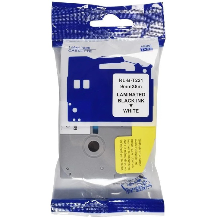 Banda etichete GraphiteK compatibila cu Brother TZe-221, negru/alb, 9mm x 8m