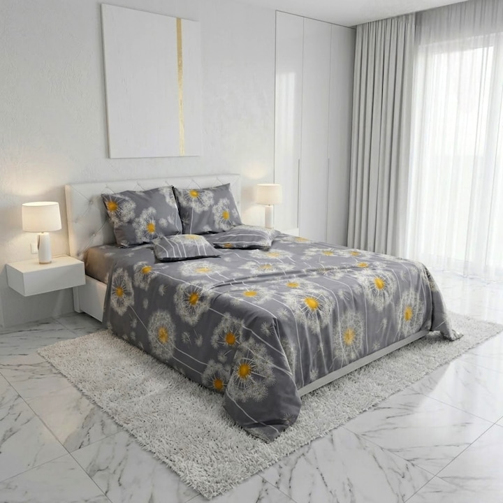 Lenjerie de pat cu papadie, Casa Bumbac Textil by Edural, cearsaf 240 x 260 cm, 6 piese, 100% bumbac ranforce