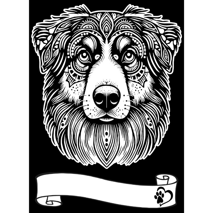 Plansa de colorat 21 x 29.7 cm, cu 12 carioci - Caine Australian Shepherd, Hartie velvet, Alb, 6 ani ani