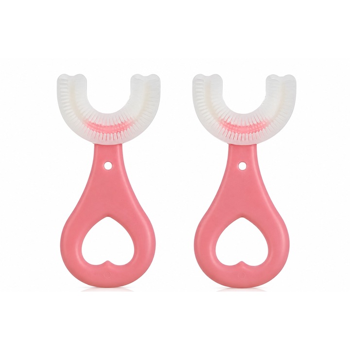 Set 2 Periute de Dinti in Forma de U pentru Copii 2-6 Ani, Model Inima, Peri Moi din Silicon, Curatare Delicata a Dintilor si Gingiilor, 9 cm, Roz