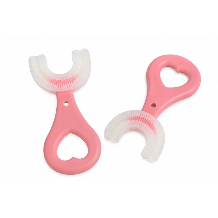Set 2 Periute Dentare in Forma de U pentru Sugari si Copii 2-6 Ani, Model Inima, Silicon Moale, Curatare Delicata a Dintilor si Gingiilor, 9 cm, Roz