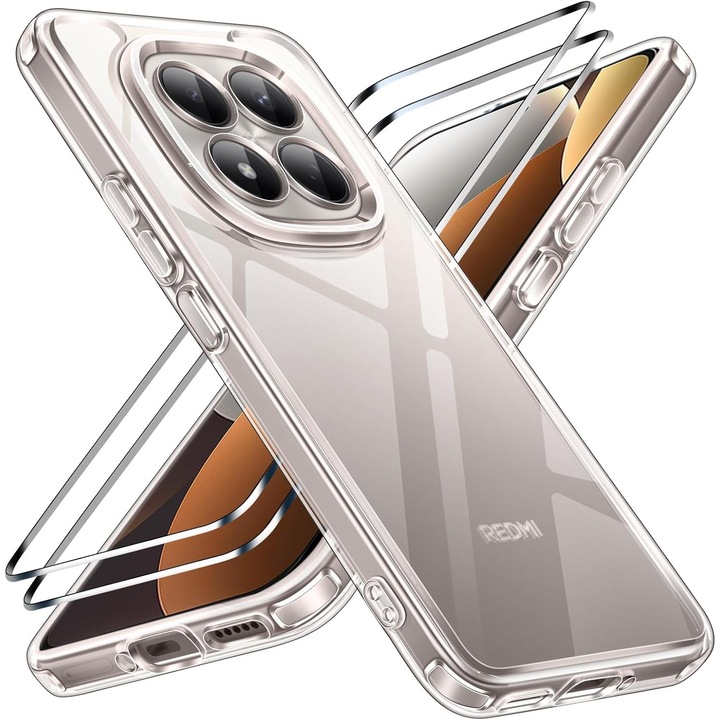 Pachet Husa Telefon Care nu Ingalbeneste + 2 Folii Sticla Compatibila Cu Xiaomi Redmi Note 15 Pro 5G (nu este compatibila cu Redmi Note 15 Pro 4G), MOGU Set Protectie 360, Carcasa Subtire de TPU Flexibil, Rezistent la Socuri, Husa Subtire si Transparenta