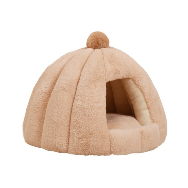 Cuib pentru pisici si caini mici, tip cort cu pompon, din plus ultra-moale, interior captusit si perna detasabila, antiderapant, bej, 48×40 cm